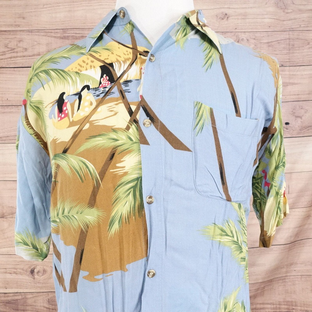 ROUNDY BAY 100% RAYON FLORAL PALM TRESS HAWAIIAN BUTTON UP SHIRT MENS L LARGE‎